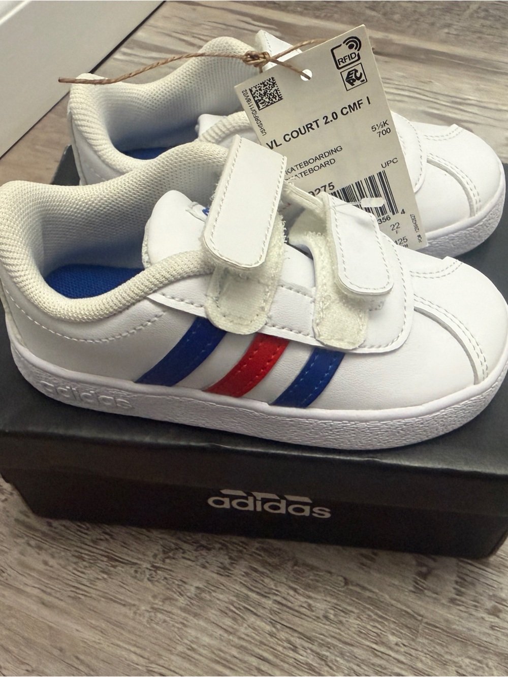 adidas Kids White Sneakers with Red & Blue Stripes NWT - Picture 2 of 6